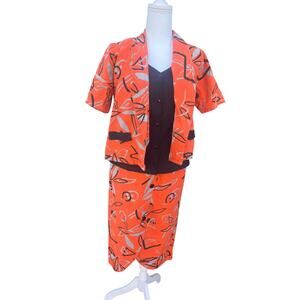 Women's Vintage 80s Blouse & Skirt Set Long Pencil Wrap Front Orange Size MEDIUM